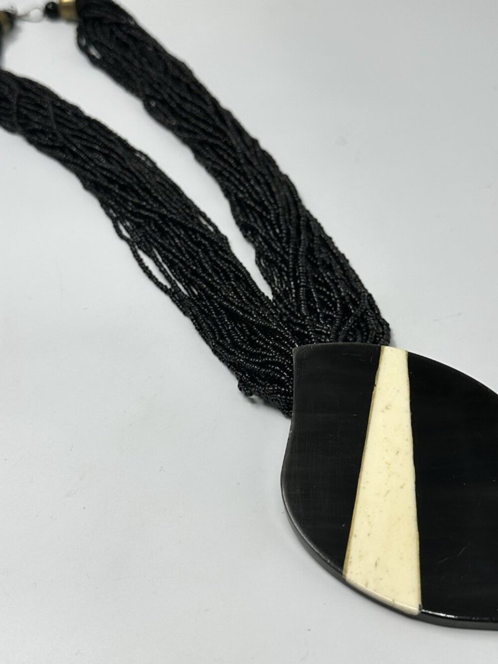 Vintage Black Multi Strand Beaded Statement Necklace Resin Pendant Tribal Collar
